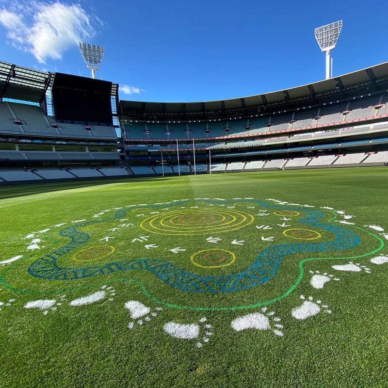 Artist Mandy Nichlson's artwork in the centre of the MCG