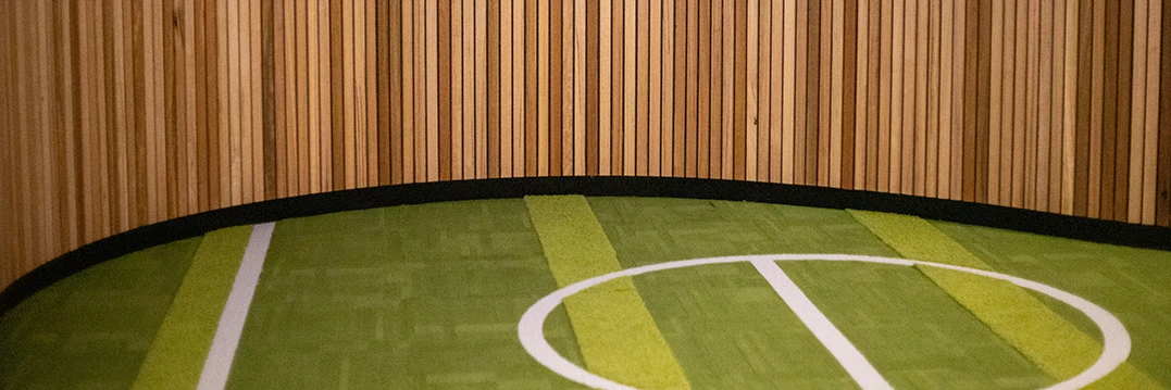 Spacious room with skylight and sports-themed carpeting