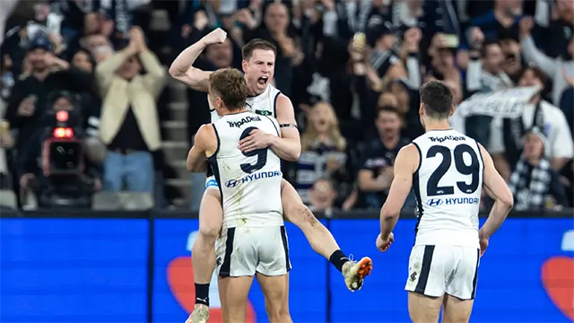 AFL players celebrate during a game