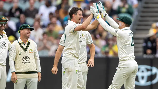 Australian cricket players celebrate on the field