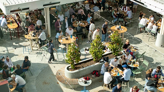 An aerial view of the Trumble Bar & Cafe courtyard at the MCG An aerial view of the Trumble Bar & Cafe courtyard at the MCG