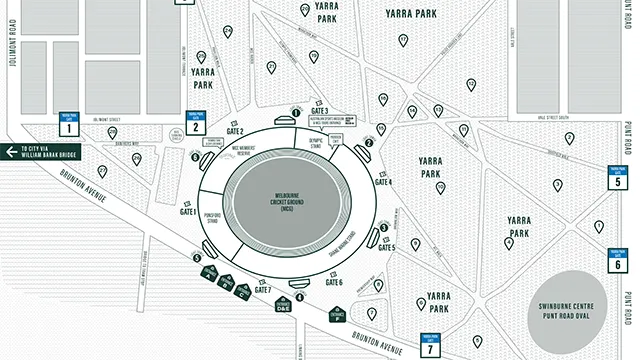 Map of the MCG and surrounds of Yarra Park