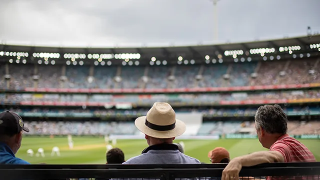 Behind a row of patrons watching a stadium sports match
