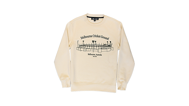 Cream crew-neck sweater with green Melbourne Cricket Ground sketch design