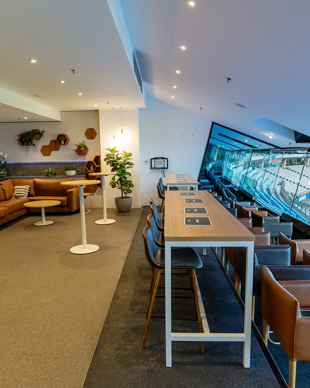 Large suite with couches, armchairs and stools with stadium view