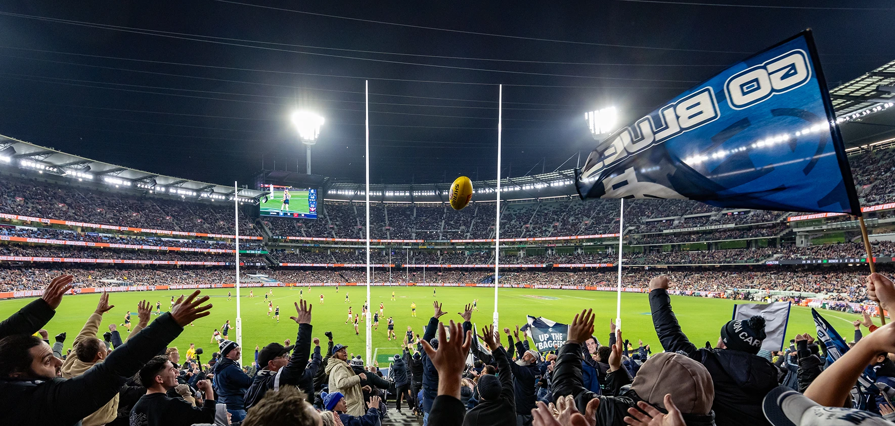 Ball flies through goalposts to Carlton cheersquad