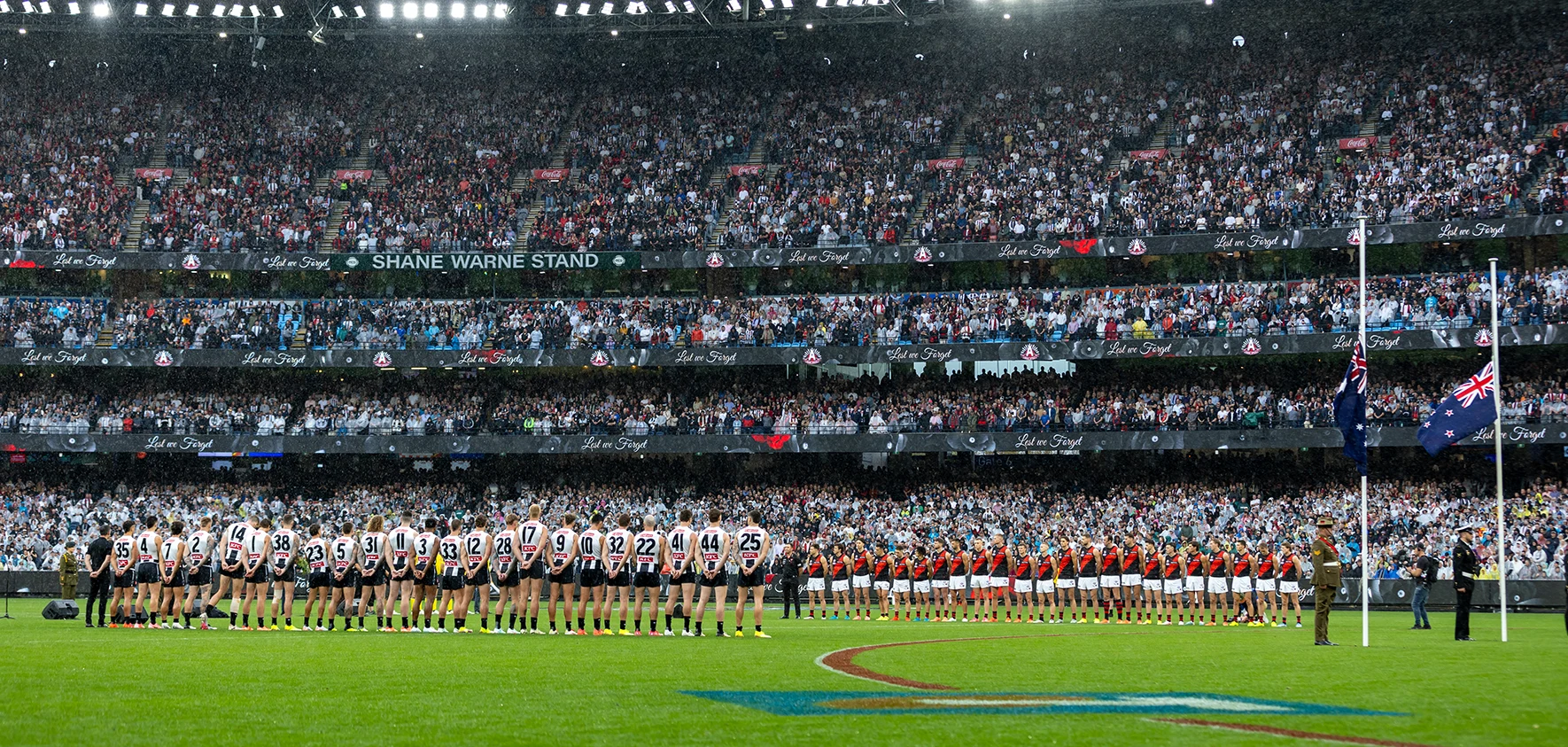 ANZAC Day pre-match ceremony with crowd, and Collingwood and Essendon players in silence