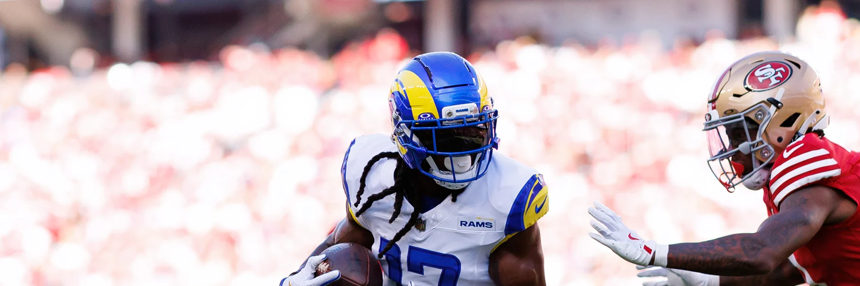 2026 NFL Melbourne Game A Los Angeles Rams and San Francisco 49ers player on field during an NFL match