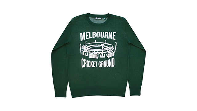 Green crew-neck sweater with white Melbourne Cricket Ground sketch