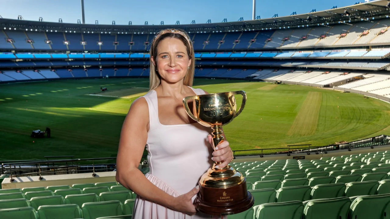 Image by Racing Photos Michelle Payne with the 2015 Melbourne Cup at the MCG